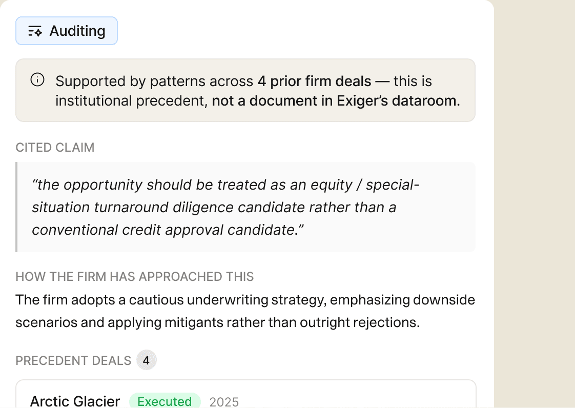 F2 Auditing card: a cited claim supported by patterns across four prior firm deals, with the precedent deals listed below
