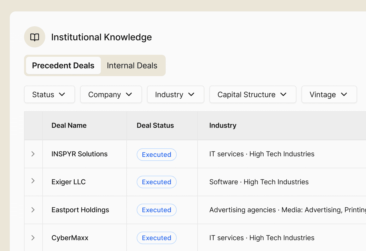 F2 Institutional Knowledge: a table of precedent deals with status, company, industry, capital structure and vintage filters